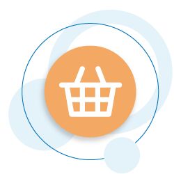 Shopping basket icon on an orange circle with overlapping light blue abstract circles in the background.