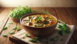 A rustic tabletop scene featuring a steaming bowl of vibrant red-orange soup filled with tofu cubes, green beans, mushrooms, peas, and herbs, garnished with fresh basil leaves.