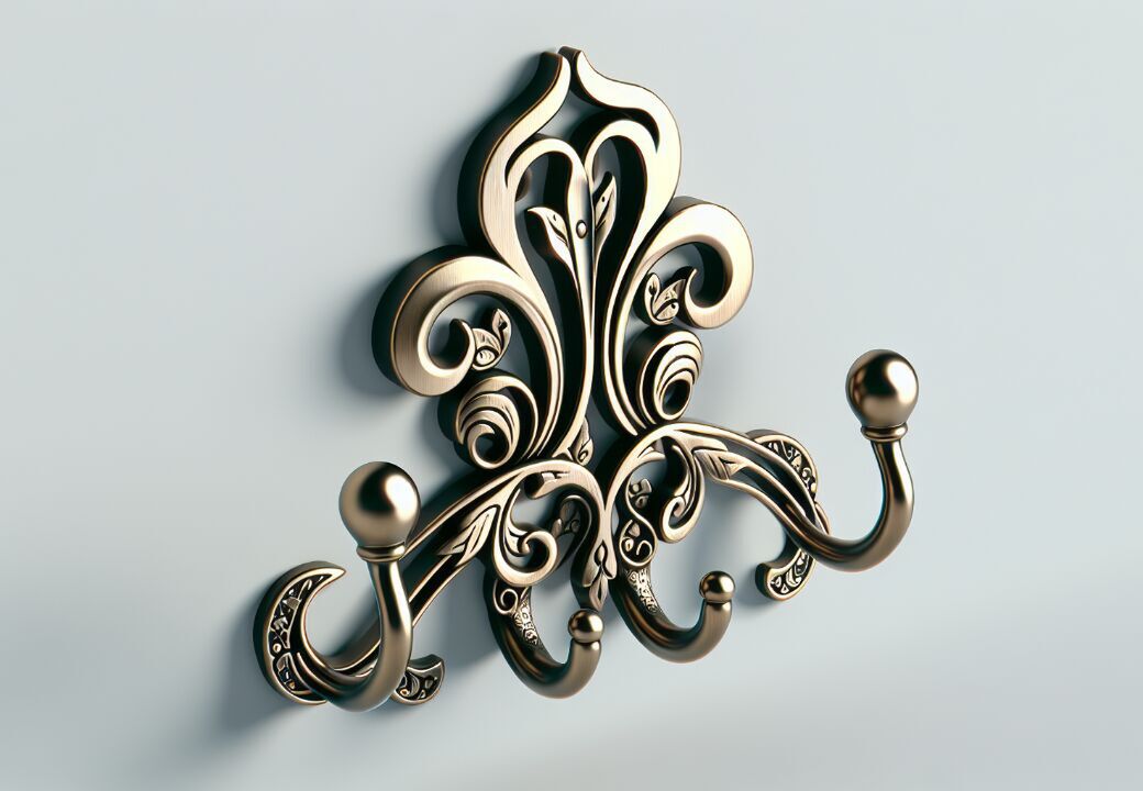 Ornate bronze wall-mounted coat hook with swirling floral motifs and five curved hooks against a light background.