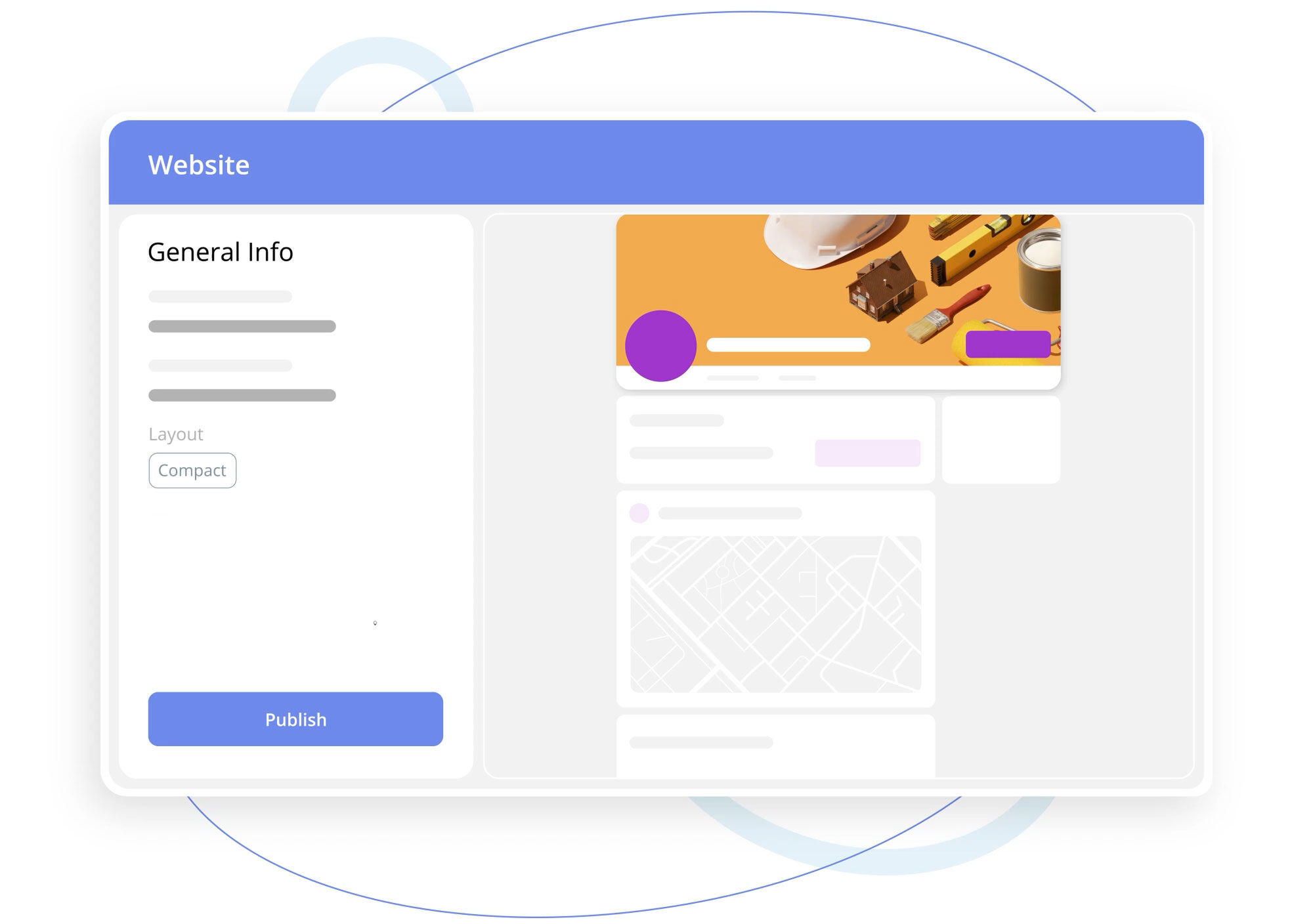 Illustration of a website builder interface showing a settings panel and a live preview of a profile-style page.