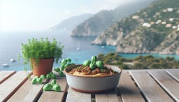 Bowl of spaghetti with meat sauce garnished with stylized basil leaves on a wooden table overlooking a sunny coastal cliffside and turquoise sea, with a potted herb nearby.