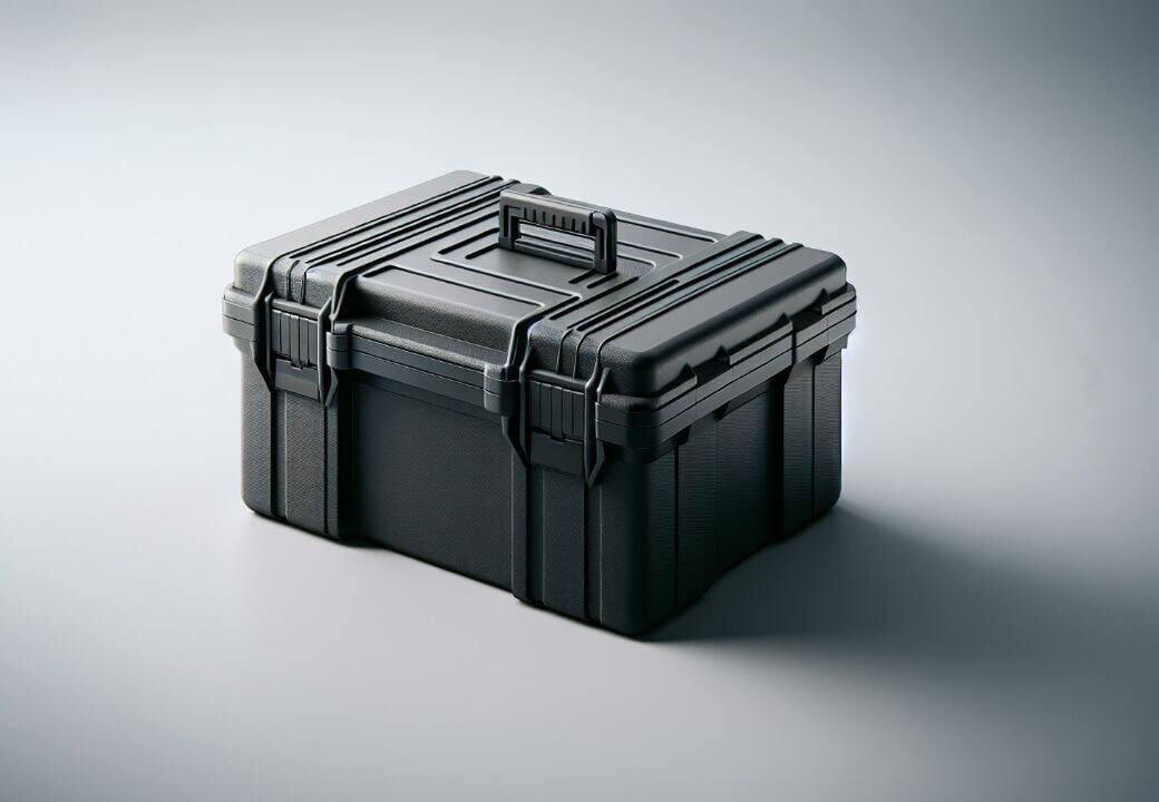 Rugged black hard plastic case with handle and latches on a light gray background.