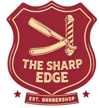 The Sharp Edge barbershop logo with straight razor and barber pole, vintage red and cream badge