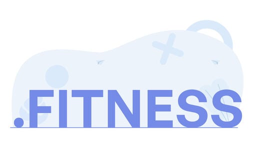 Graphic with the word .FITNESS in large blue letters on a light background with abstract shapes.