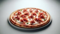 Gourmet pizza topped with delicate folds of prosciutto, melted mozzarella, tomato pieces, and fresh basil leaves on a lightly charred crust, presented on a ceramic pizza pan.