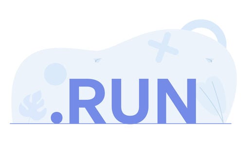 .RUN text with abstract blue graphics in the background