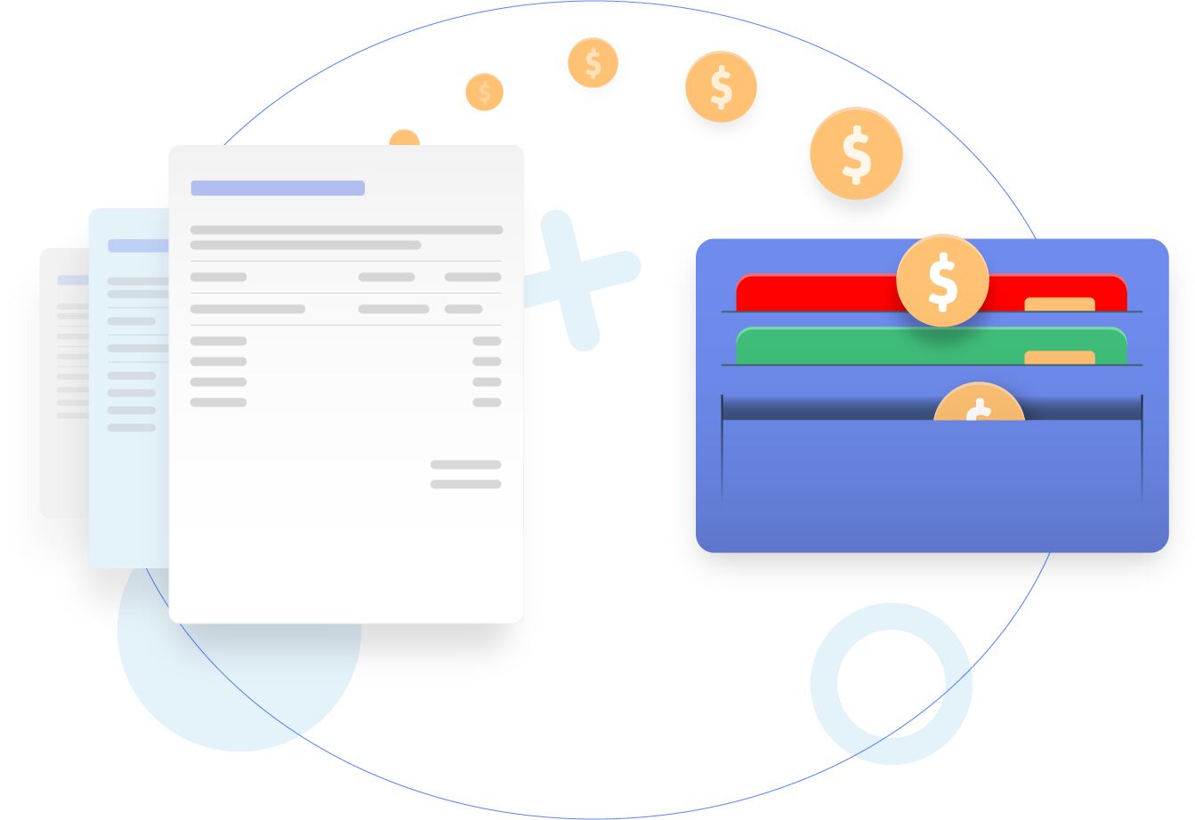 Illustration of invoices turning into money deposited in a wallet