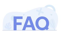 Large blue letters spelling FAQ with light blue abstract shapes in the background.