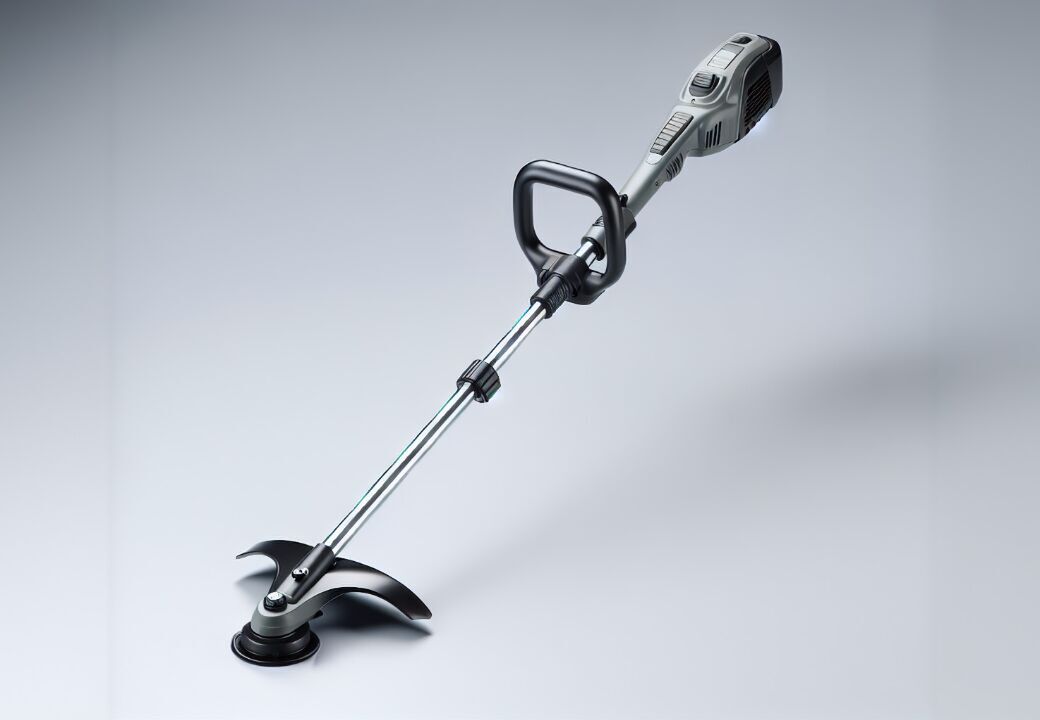 Cordless electric string trimmer on a light gray studio background