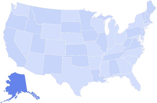 Map of the United States with state boundaries, highlighting Alaska in darker blue at the lower left inset.