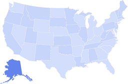 Map of the United States with state boundaries, highlighting Alaska in darker blue at the lower left inset.