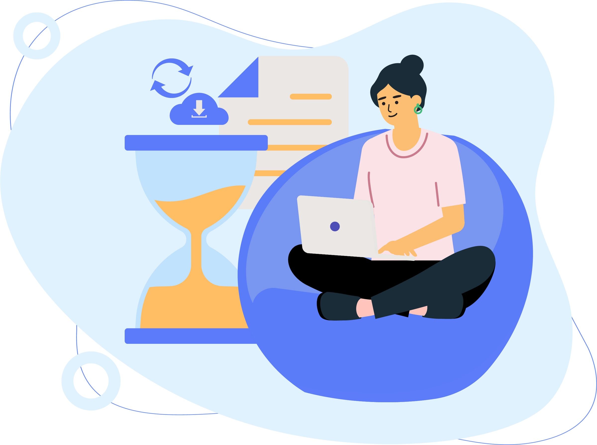 Illustration of a person sitting cross‑legged on a blue beanbag using a laptop, with an hourglass, a cloud download icon with sync arrows, and a document in the background, suggesting waiting or progress during a file download or sync.