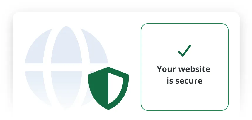 Illustration showing a secure website concept with a globe, shield icon, and a checkmark message saying 'Your website is secure.'