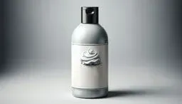 Minimalist gray plastic bottle with a white label featuring a swirl of cream, set against a soft gray studio background.