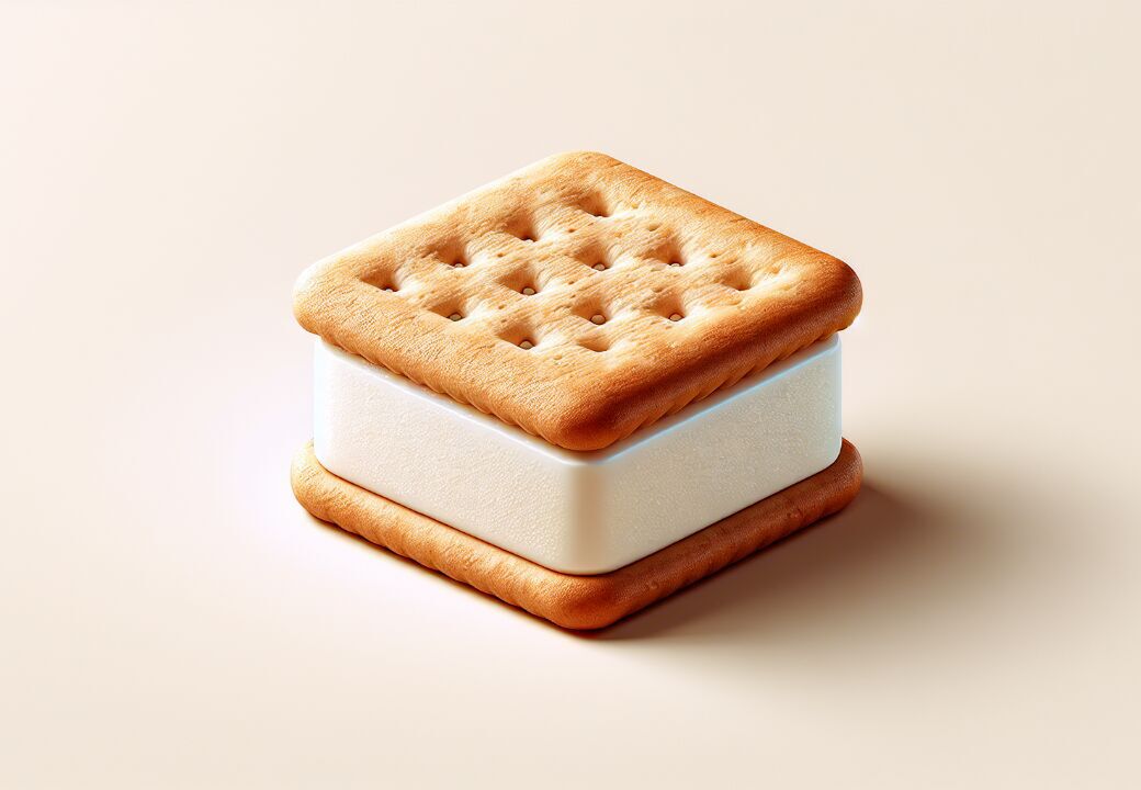 Square vanilla ice cream sandwich with two golden-brown biscuits on a soft beige background.
