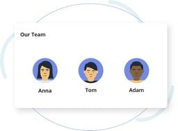 Card-style web section titled Our Team showing three circular avatar illustrations labeled Anna, Tom, and Adam.