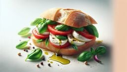 Close-up of a fresh caprese sandwich with tomatoes, mozzarella, basil, and olive oil on crusty bread, styled on a light background.