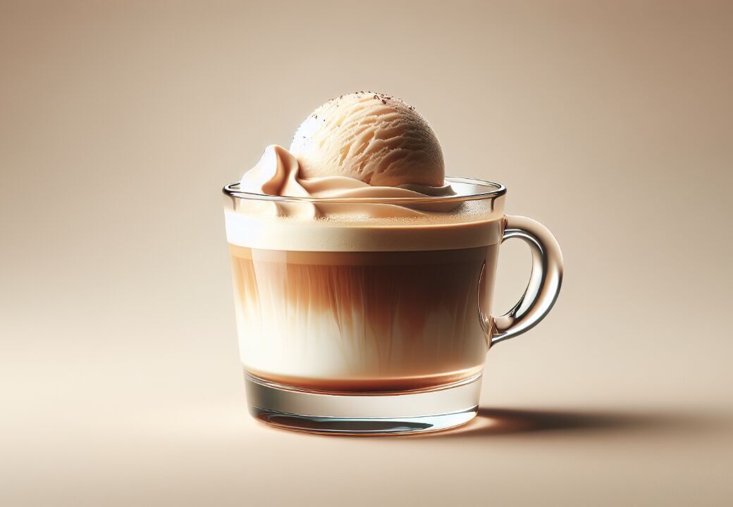 Glass mug of layered coffee with milk, topped with a swirl of cream and a scoop of vanilla ice cream against a beige background.