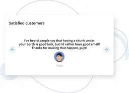 Testimonial card with a customer quote and avatar, flanked by left and right navigation arrows.