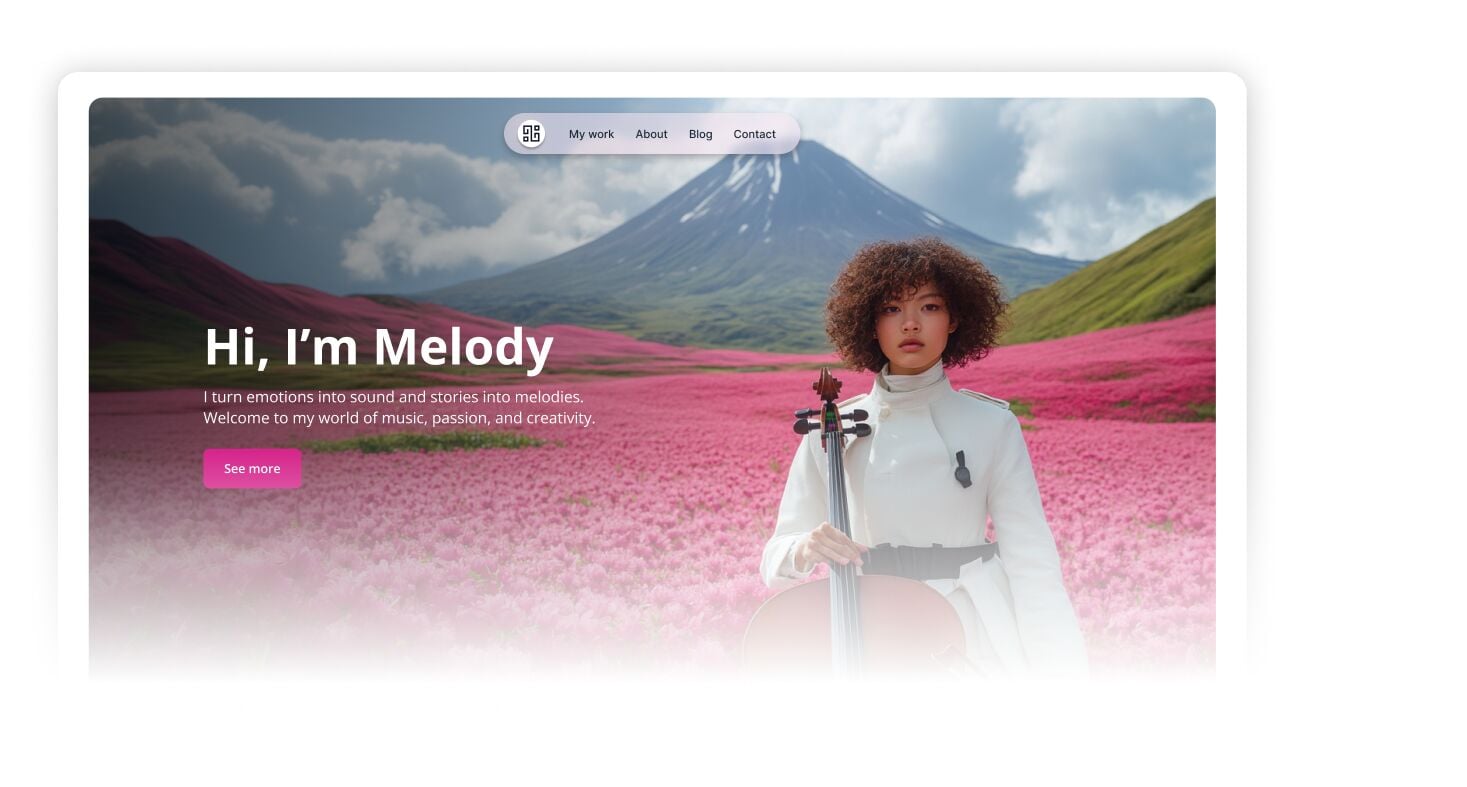 Portfolio website hero section featuring a musician named Melody standing in a vast pink flower field with a mountain in the background, holding a cello. Large headline says “Hi, I’m Melody," with navigation links and a “See more" button.