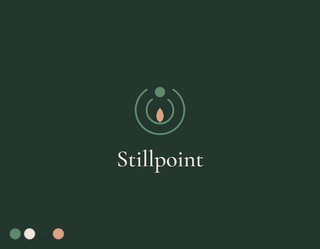 Stillpoint yoga and wellness logo on deep green background with minimal icon and soft palette