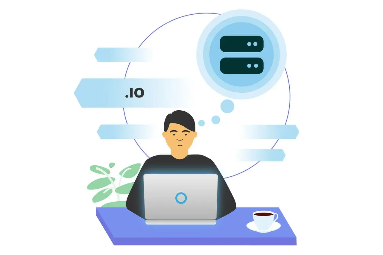 Illustration of a developer at a laptop thinking about servers and a .io domain.