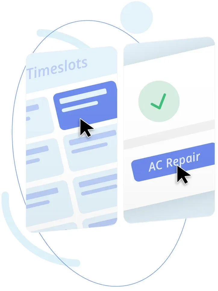 Illustration of a mobile app UI showing service selection and timeslot booking with cursor clicks.