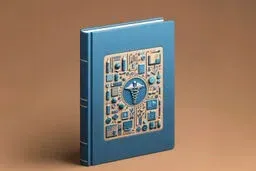 Blue medical reference book standing upright with a decorative embossed panel of healthcare icons on the cover against a warm brown background.