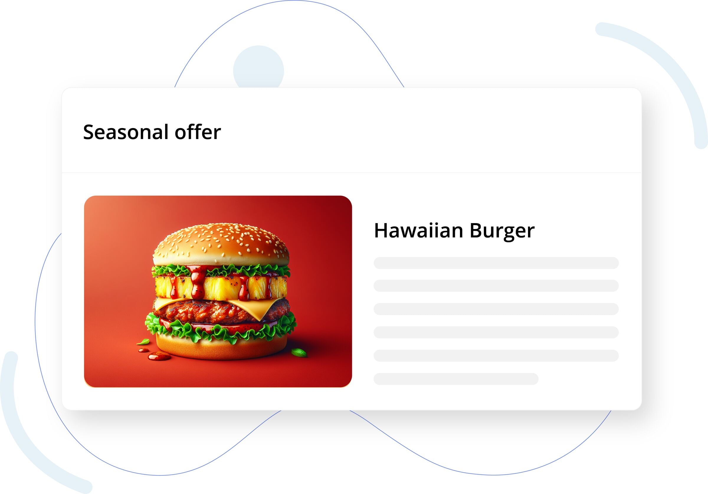 Promotional card showing a seasonal offer for a Hawaiian Burger with a photo of a burger featuring pineapple slices, lettuce, cheese, and sauce on a sesame bun.
