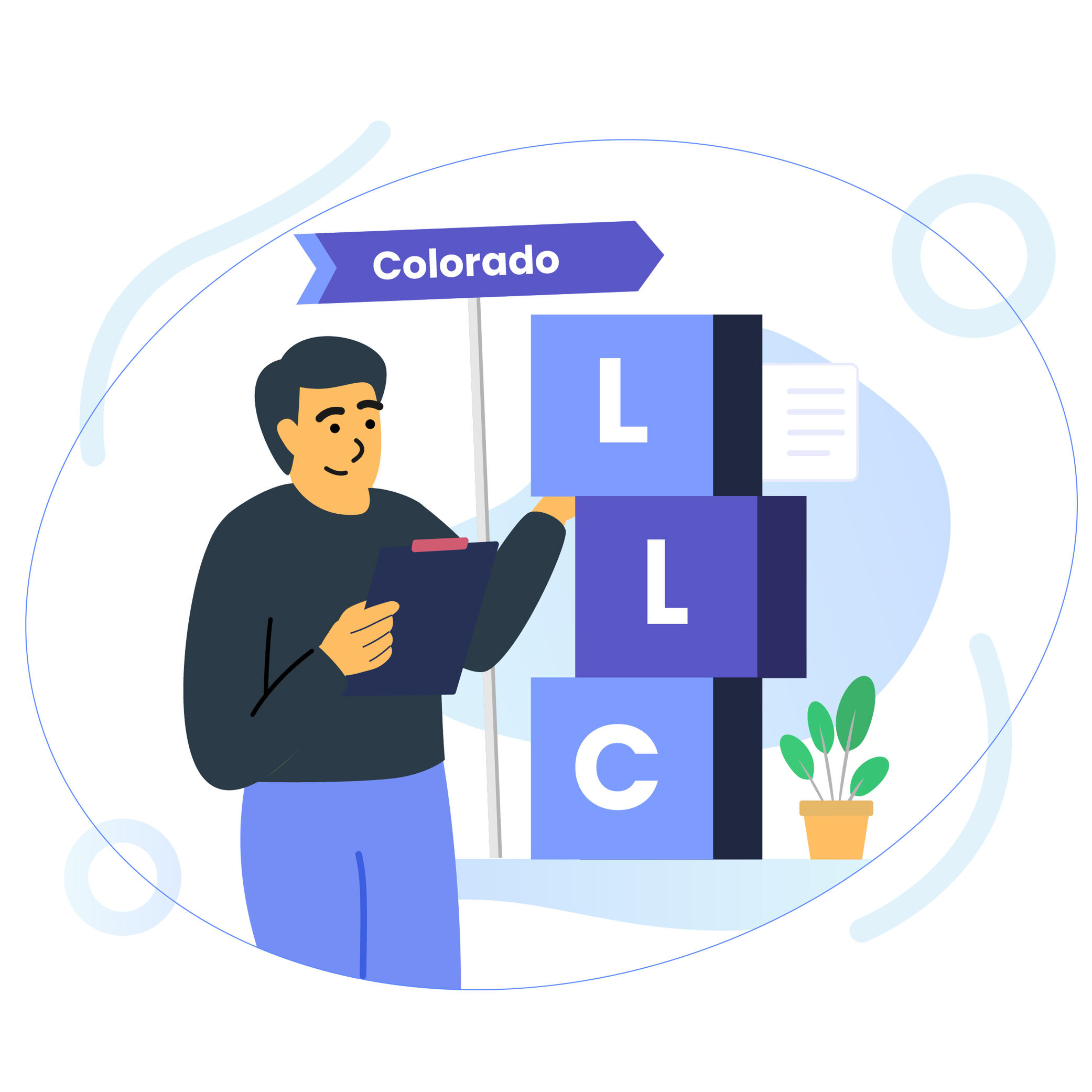 Illustration of a person holding a clipboard next to stacked blocks spelling LLC with a sign reading Colorado.