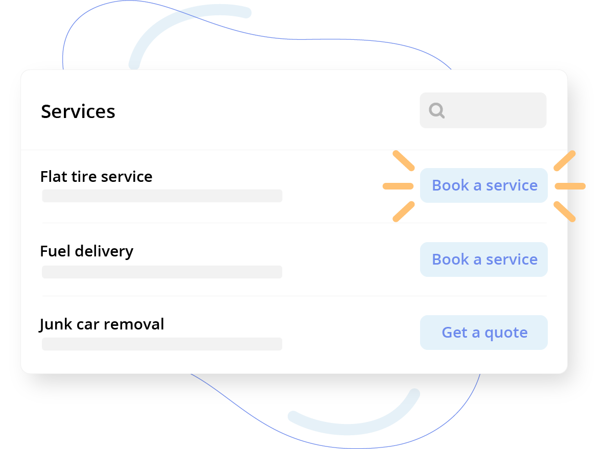 UI mockup of a services list with call-to-action buttons such as Book a service and Get a quote.