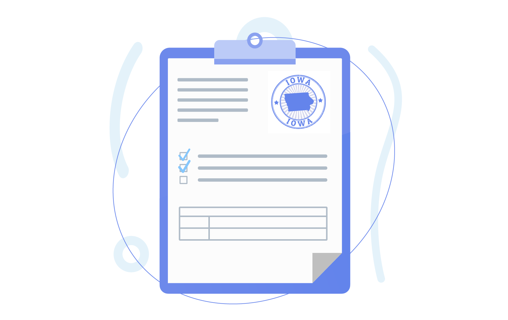 Illustration of a clipboard holding a form with an Iowa state seal, checkboxes, lines of text, and a small table layout.