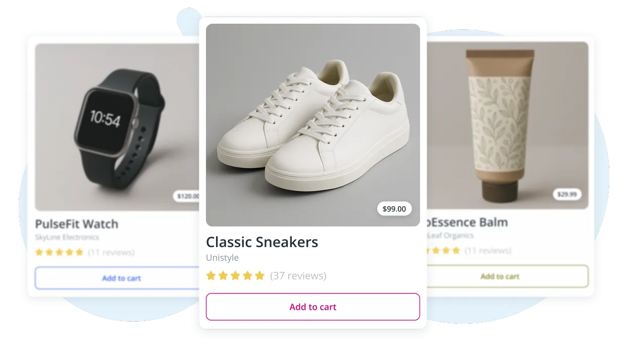 Product cards showcasing items on an online store created with the IKOL AI website generator