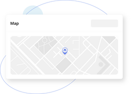 UI card labeled Map showing a stylized map preview with a blue home location pin.