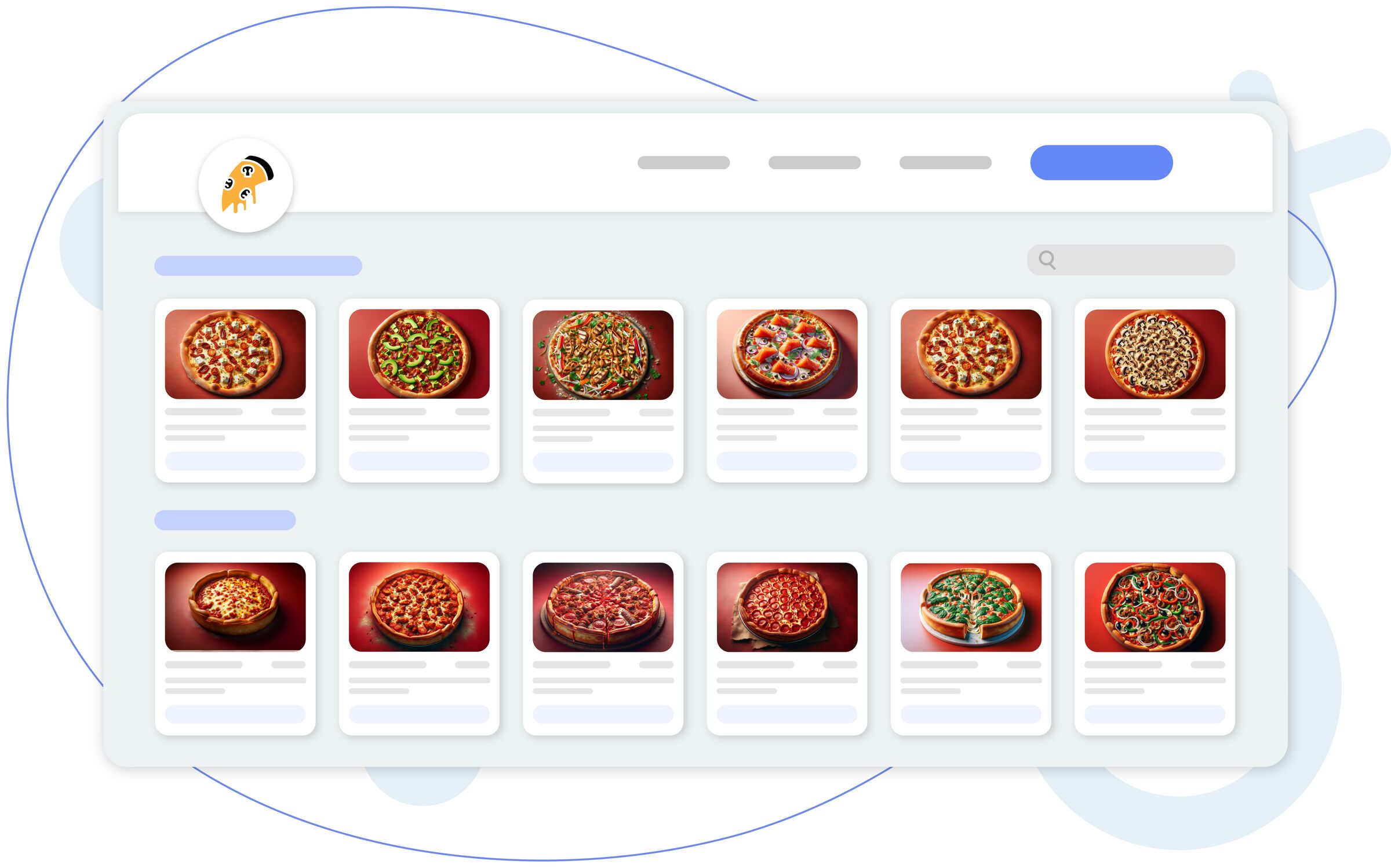 Illustration of a web app showing a pizza catalog interface with thumbnail cards of different pizzas, a search bar, and navigation elements.