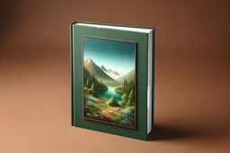 Green hardcover book standing upright with a framed landscape illustration on the cover showing mountains, pine trees, and a turquoise river under a clear sky.