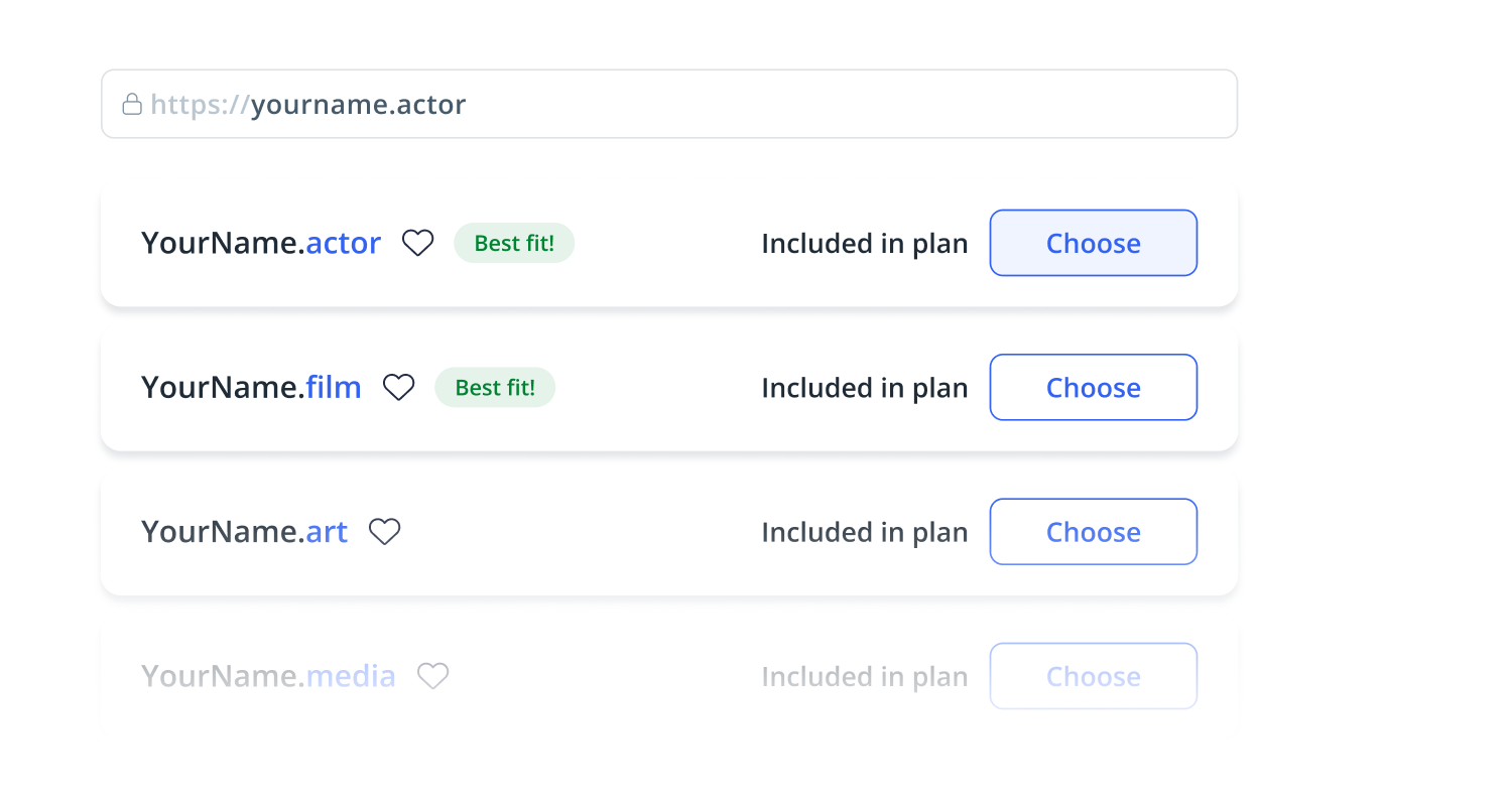 Domain selection interface showing options like YourName.actor, YourName.film, YourName.art, and YourName.media with Choose buttons and plan inclusion notes.