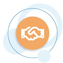 Icon of a handshake inside an orange circle with abstract blue circular shapes in the background