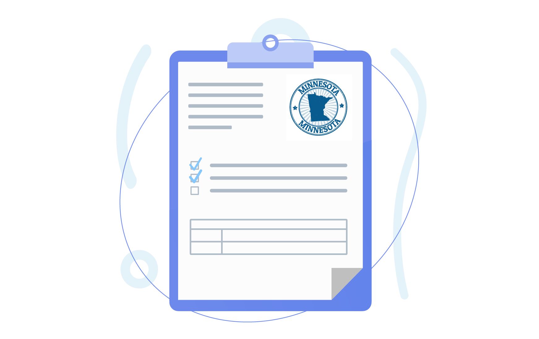 Illustration of a clipboard with a form featuring the Minnesota state seal.
