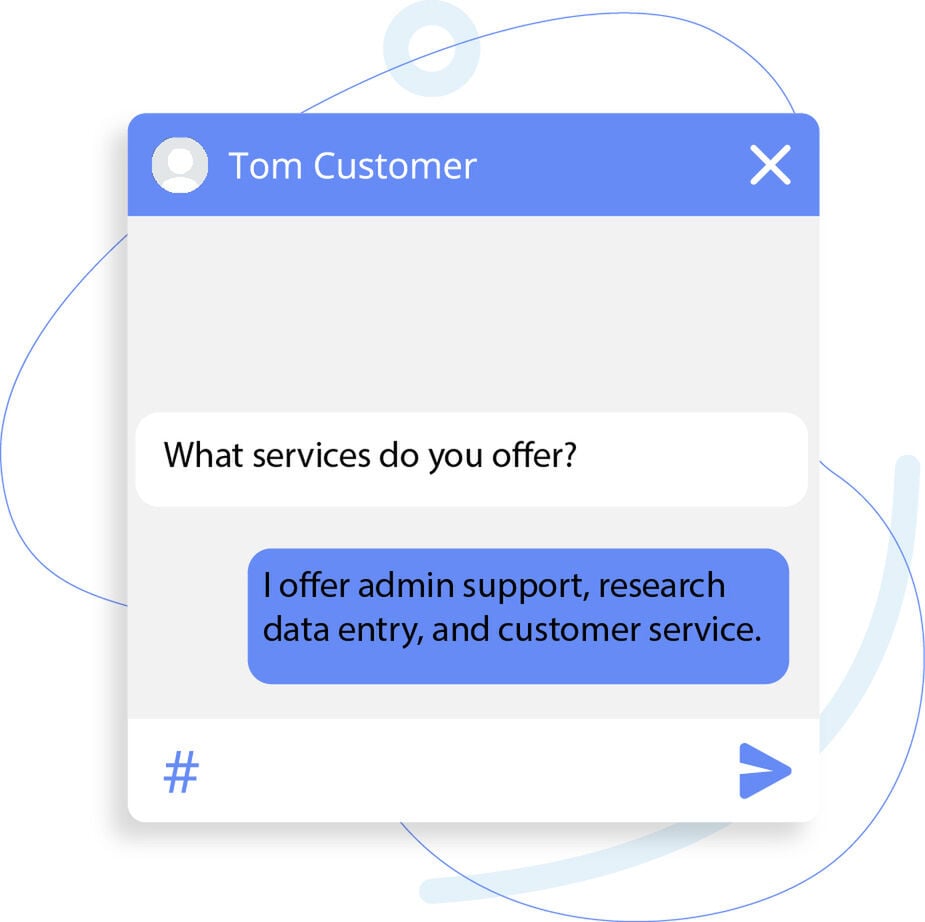 Chat UI mockup showing a customer asking about services and a reply listing admin support, research, data entry, and customer service