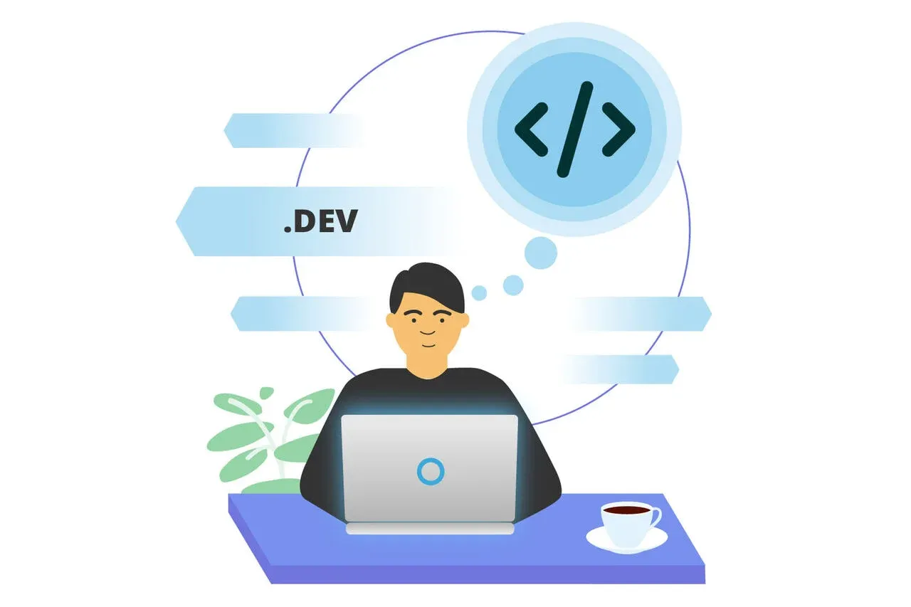 Illustration of a developer working at a laptop with a code icon and .DEV text around them.