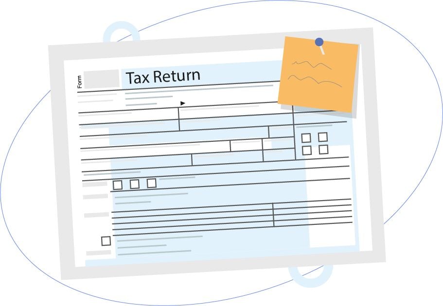 Illustration of a tax return form with a sticky note pinned on it.