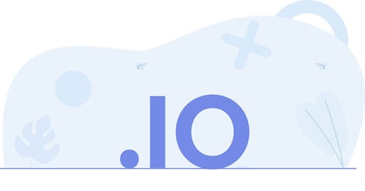 Minimalist illustration with large blue letters '.IO' in the foreground, set against a light blue abstract background with soft shapes and playful icons.