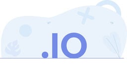 Minimalist illustration with large blue letters '.IO' in the foreground, set against a light blue abstract background with soft shapes and playful icons.