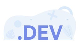 .DEV text in large blue letters with light abstract shapes in the background