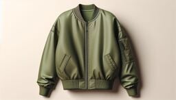 Olive green bomber jacket with front zipper and ribbed cuffs hanging against a neutral background
