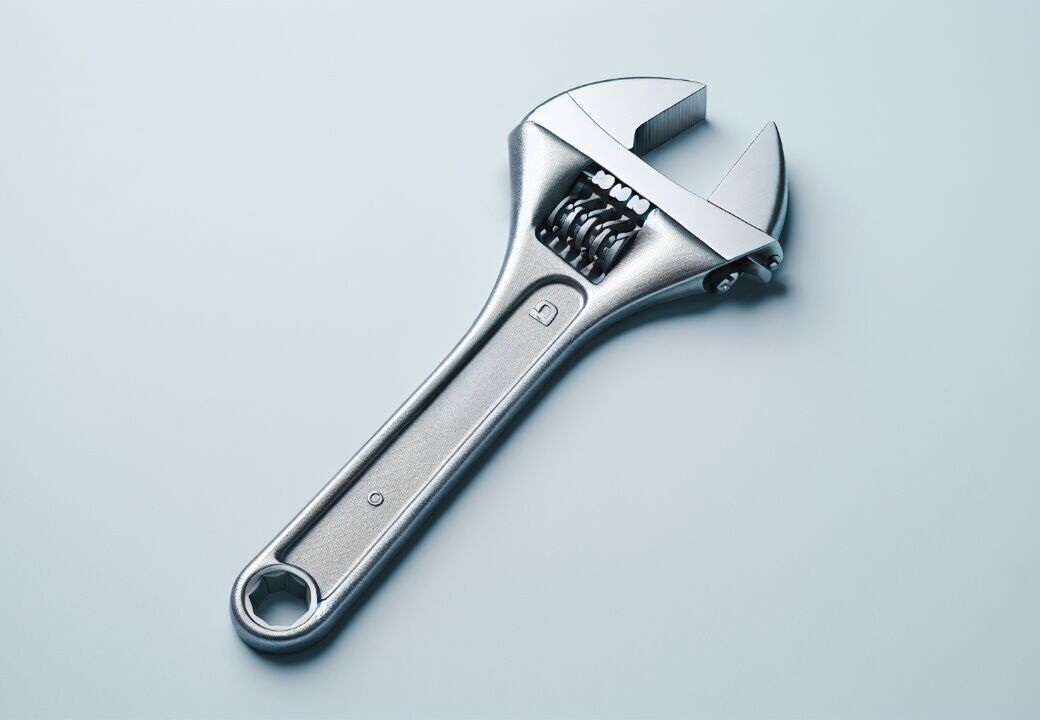 Close-up of a metallic adjustable wrench on a light gray surface.
