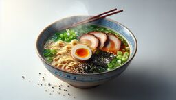 A steaming bowl of ramen with noodles, soft-boiled egg, sliced chashu pork, green onions, seaweed, and sesame seeds in a patterned ceramic bowl with chopsticks resting on top.