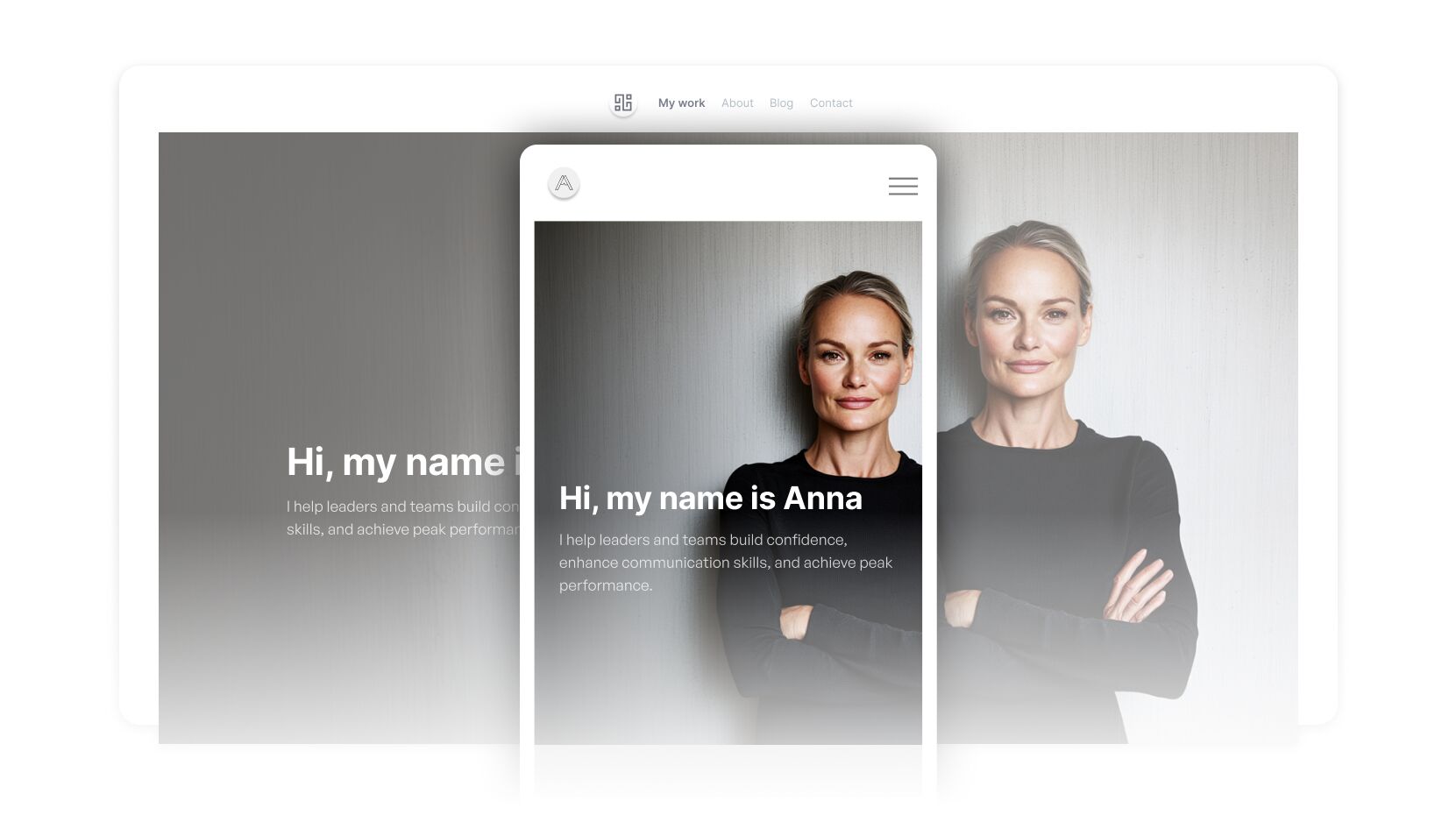 Portfolio website and mobile mockup featuring a professional woman with arms crossed, gray background, and headline text introducing her services.