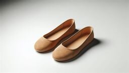 Pair of tan ballet flats on a light gray surface, angled slightly with soft shadowing.